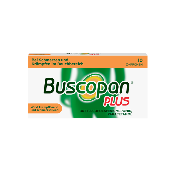 BUSCOPAN plus Zäpfchen mit Paracetamol bei stärkeren Schmerzen und Krämpfen im Bauchbereich