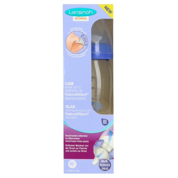 LANSINOH Weithalsflasche Glas 240 ml mit Sauger M