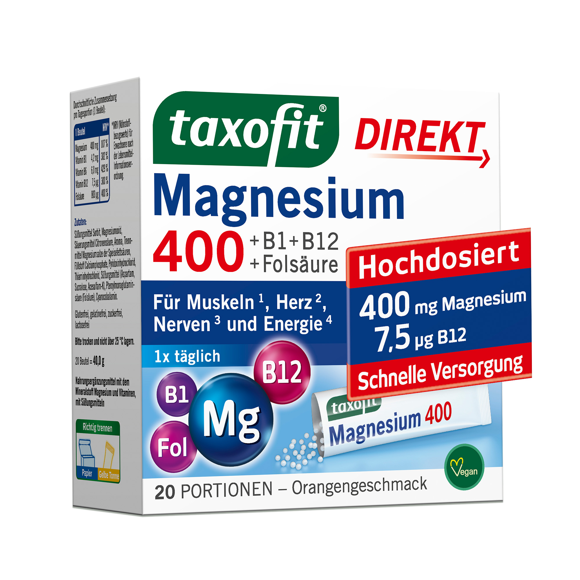 TAXOFIT Magnesium 400+B1+B6+B12+Folsäure 800 Gran. TAXOFIT Magnesium 400+B1+B6+B12+Folsäure 800 Gran.